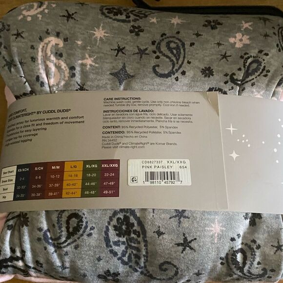 ClimateRight by Cuddl Duds Base Layer 2-piece Top & Legging pink paisley XXL PJ - Picture 5 of 5